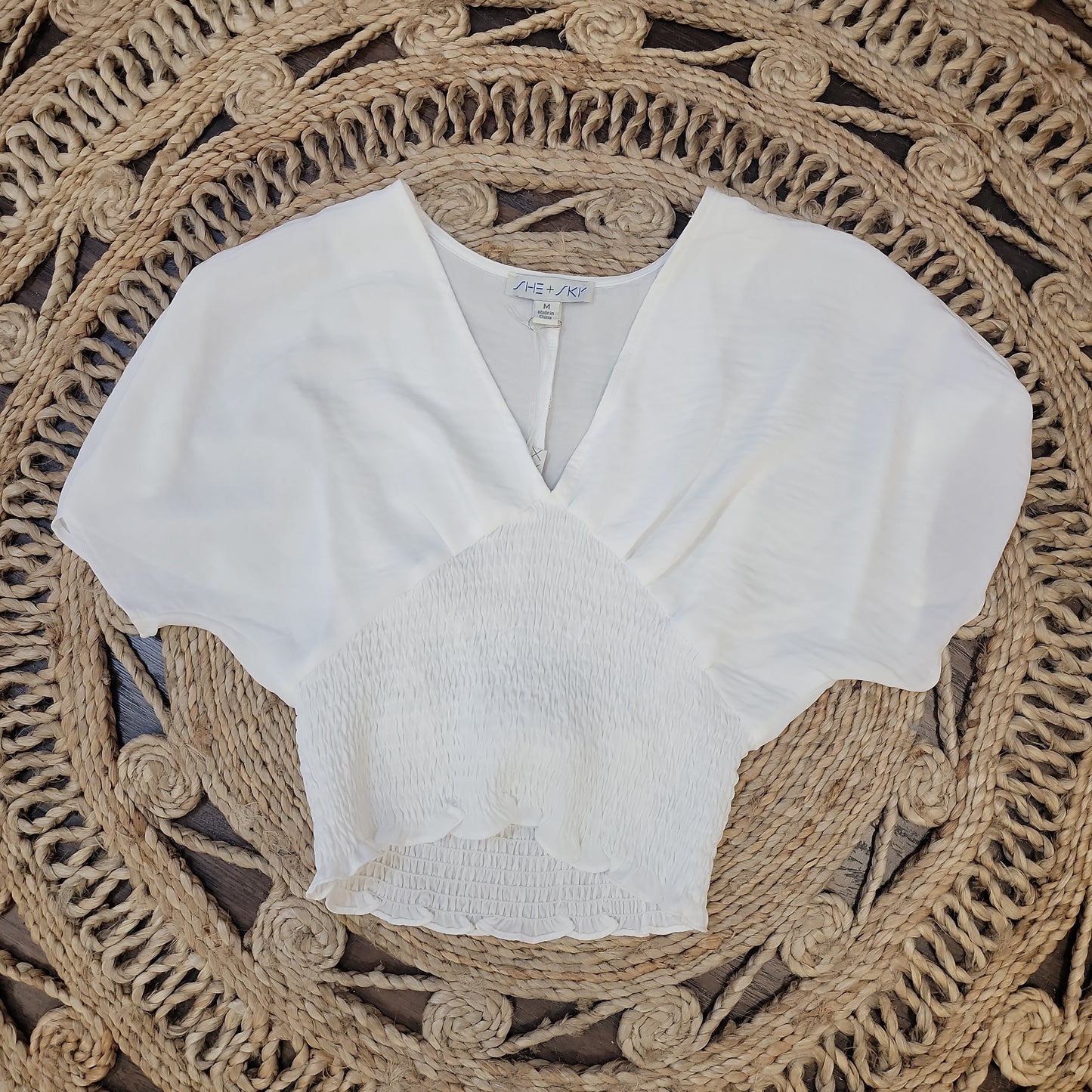 Drop V-neck Smocked Top