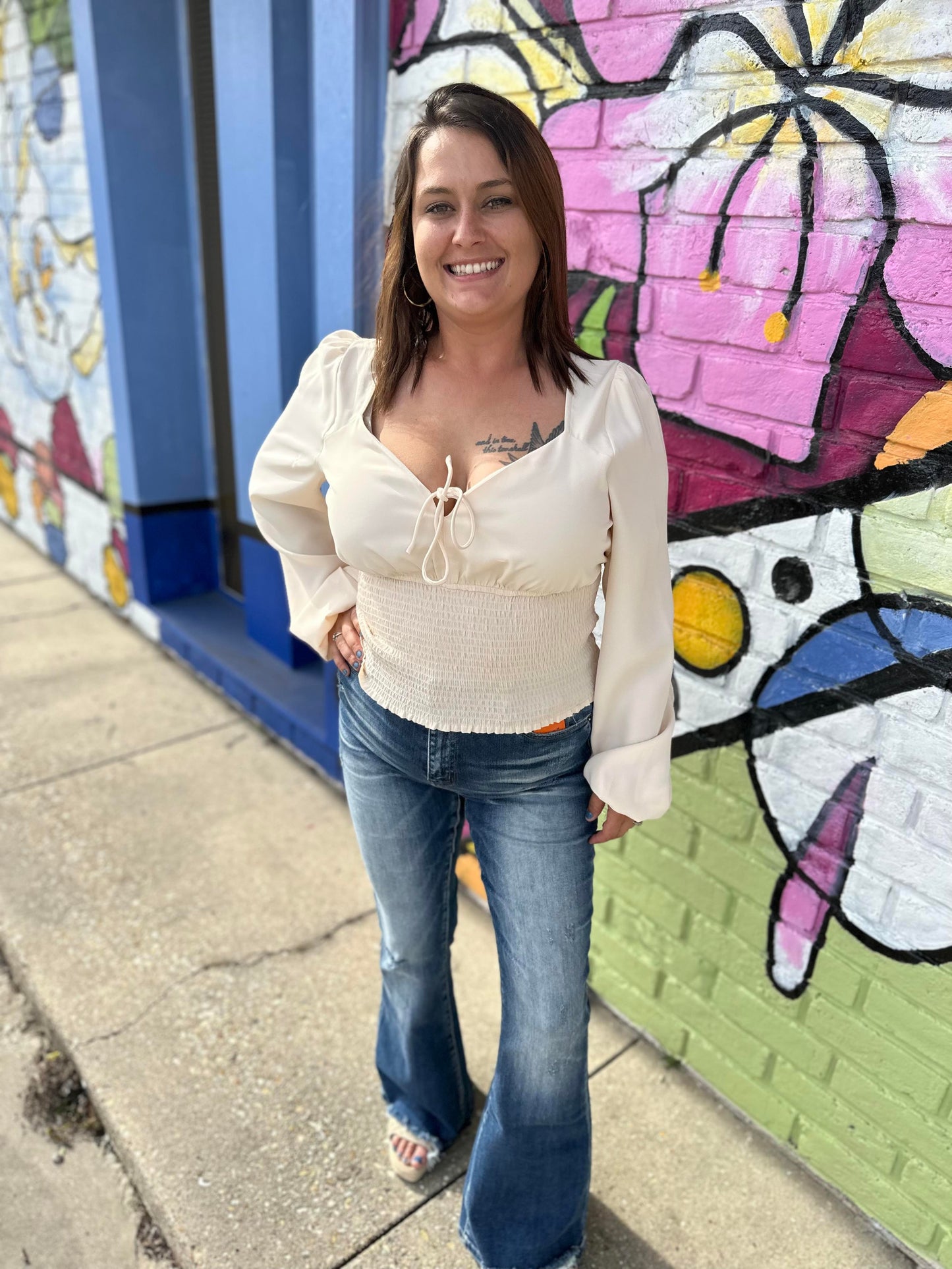 Cream Smocked Waist Blouse