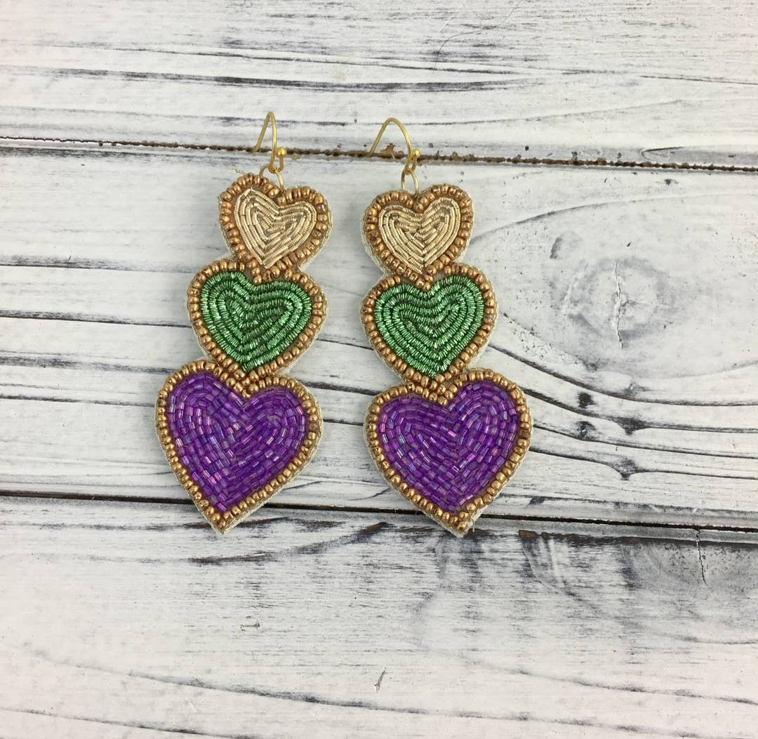 Mardi Gras Heart Earrings