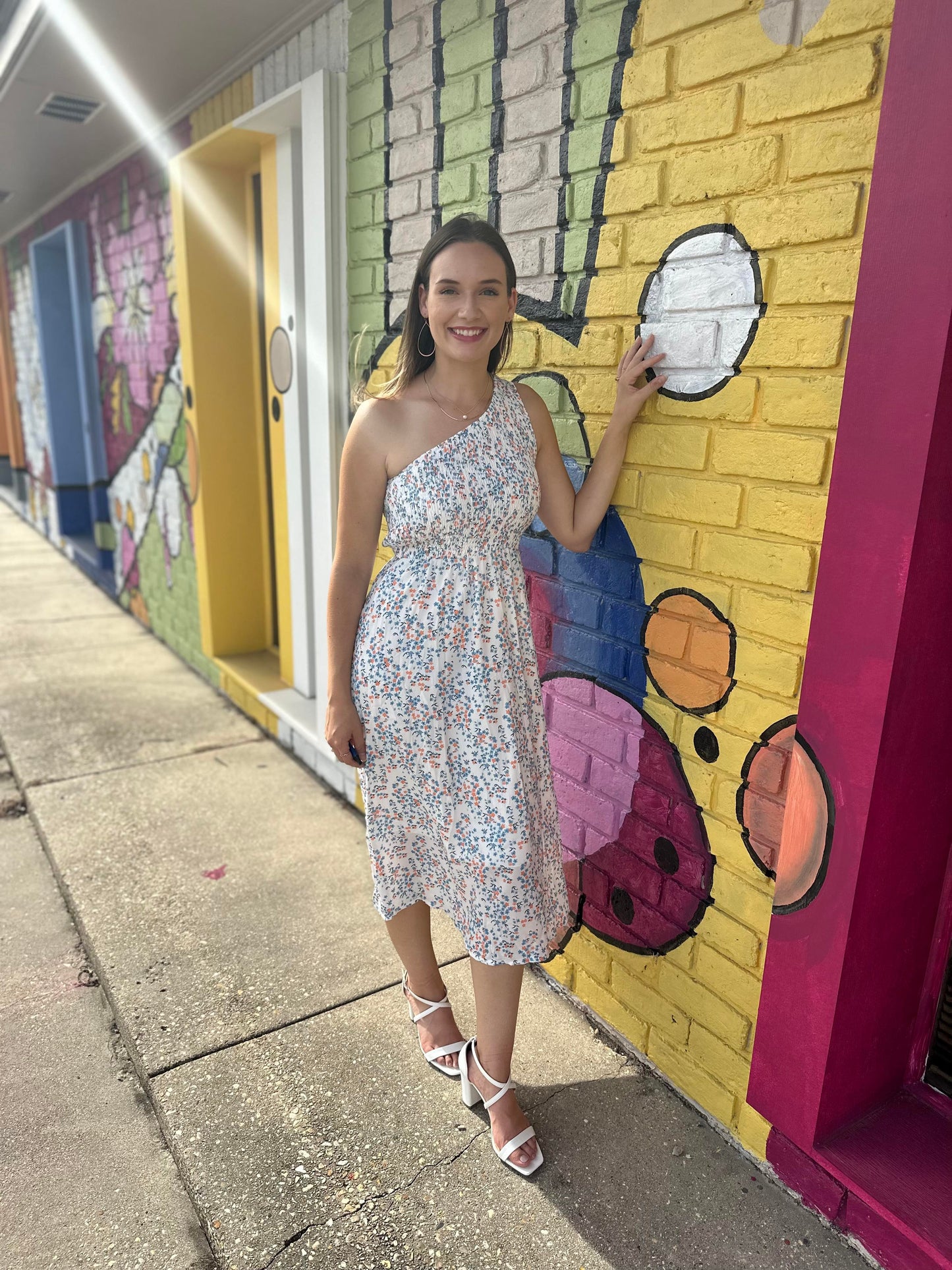 Smocked Floral One Shoulder Midi Dress