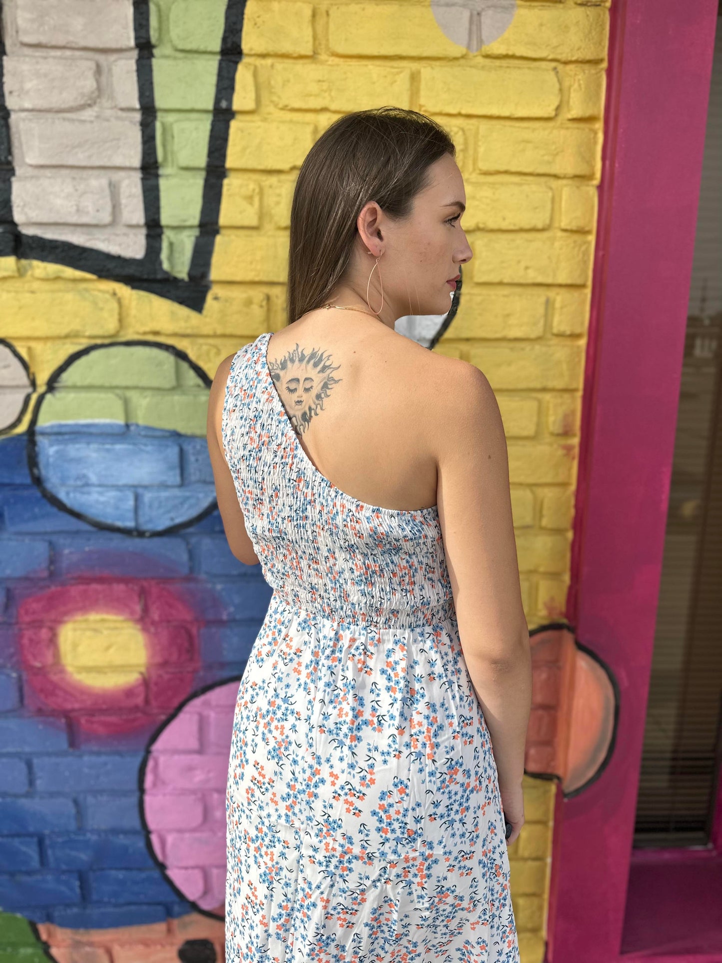 Smocked Floral One Shoulder Midi Dress